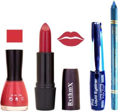 

Rythmx Pink Nail Polish Burgundy Shades Lipstick With Eyeliner and Pro Non Transfer Blue Kajal 580135(Set of 4)