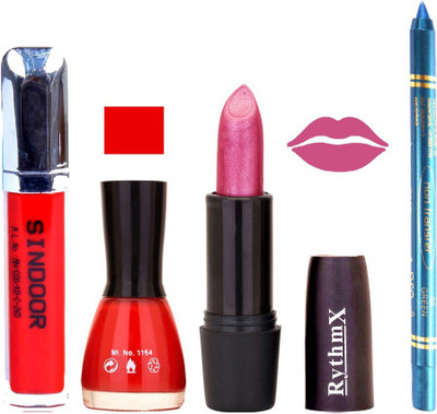 

Rythmx Shimmer Purple Lipstick Fantasy Orange Shade Nail Polish Sindoor and Non Pro Transfer Turquoise Blue Kajal Combo kit 9929(Set of 4)