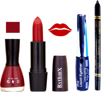 

Rythmx Maroon Nail Polish Red Lipstick With Eyeliner and Pro Non Transfer Black Kajal 68096(Set of 4)