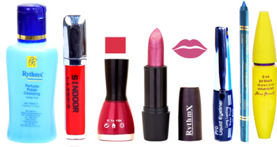 

Rythmx Shimmer Voilet Purple Lipstick Mazanta Pink Nail Polish Remover Eye Liner Sindoor Pro Non Transfer Turquoise Blue Kajal Maskara Color Bomb Kit 1831(Set of 7)
