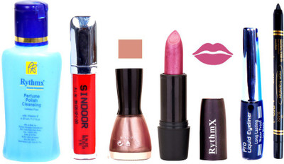 

Rythmx Shimmer Pink Lipstick Mazanta Pink Nail Polish Remover Eye Liner Sindoor Black Kajal Combo Kit 9841(Set of 6)