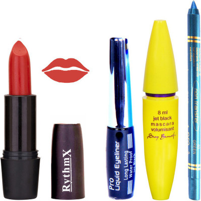 

Rythmx Catch Me Red Lipstick Bold Look Eyeliner Non Pro Transfer Turqoise Blue Kajal Jet Black Volumisant Mascara Kit 3097(Set of 4)