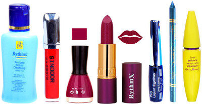 

Rythmx Lipstick ,Polish Remover, Sindoor, Nail Polish,EyeLiner,Turqoise Blue Kajal, Mascara, Makeup kit Combo 14047(Set of 7)