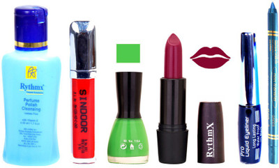 

Rythmx Mazanta Mauve Lipstick Parrot Pink Nail Polish Remover Eye Liner Sindoor Turquoise Blue Kajal Combo Kit 8937(Set of 6)
