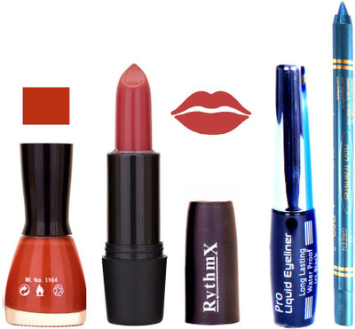 

Rythmx Orangy Browny Shades Nail Polish Gajri Color Lipstick With Eyeliner and Pro Non Transfer Blue Kajal 580115(Set of 4)