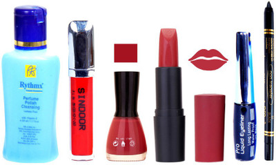 

Rythmx Remover, OTG Lipstick, Sindoor, Nail Polish,EyeLiner, Remover,Black Kajal, Makeup kit Combo 10077(Set of 6)