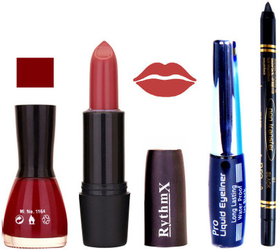 

Rythmx Dark Merry Red Nail Polish Gajri Shades Lipstick With Eyeliner and Pro Non Transfer Black Kajal 68098(Set of 4)