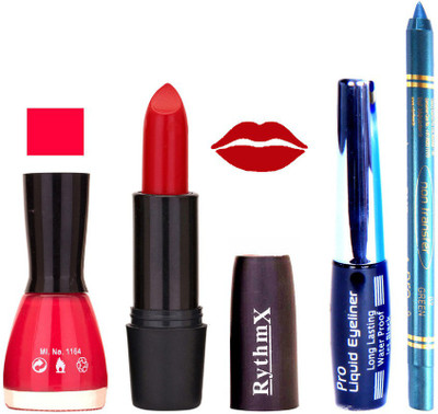 

Rythmx Lovly Pink Nail Polish Red Lipstick With Eyeliner and Pro Non Transfer Blue Kajal 580144(Set of 4)