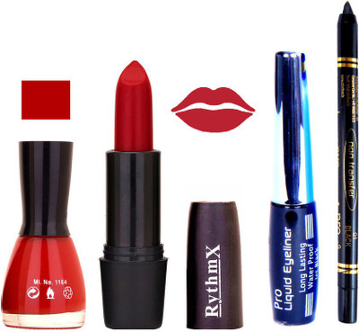 

Rythmx Cherry Red Nail Polish Rose Red Lipstick With Eyeliner and Pro Non Transfer Black Kajal 68096(Set of 4)