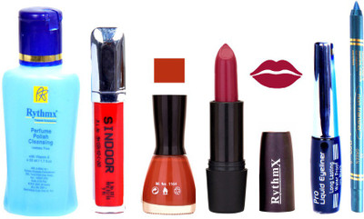 

Rythmx Rose Mauve Lipstick Orange Brown Shade Nail Polish Remover Eye Liner Sindoor Turquoise Blue Kajal Combo Kit 8906(Set of 6)