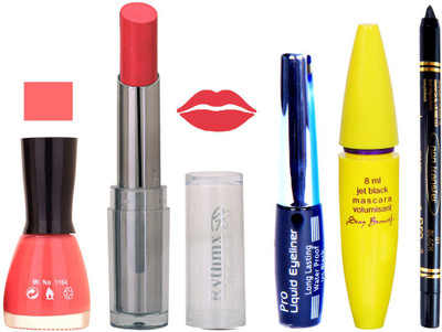 

Rythmx Intense Matte Peaches Pink Shade Lipstick, Pink Nail Polish,Black Eyeliner,Mascara, And Stay On Black Kajal 7344(Set of 5)