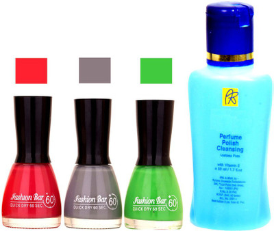 

Fashion Bar stengthening Nail Polish Remover And Sunset Pink,Grey,Green, Shades Nail Polish 52428(Set of 4)