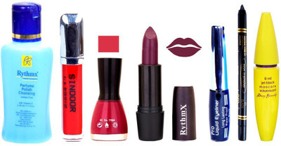 

Rythmx Jamuni Mauve Lipstick Mazanta Pink Nail Polish Remover Eye Liner Sindoor Pro Non Transfer Black Kajal Maskara Combo Kit 3240(Set of 7)
