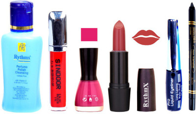 

Rythmx Gajri Red Lipstick Voilet Purple Nail Polish Remover Eye Liner Sindoor Black Kajal Combo Kit 9821(Set of 6)