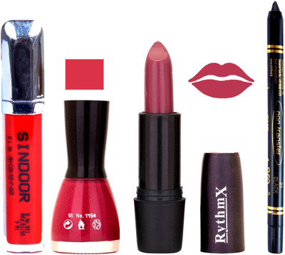 

Rythmx Pinkish Purple Lipstick Neon Pink Nail Polish Non Transfer Black kajal Sindoor 152(Set of 4)