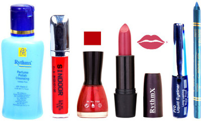 

Rythmx Pinkish Purple Lipstick Glitter Red Nail Polish Remover Eye Liner Sindoor Turquoise Blue Kajal Combo Kit 8924(Set of 6)