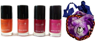 Oriflame Sweden Pure colour mini nail polish set of 4 with carry pouch 24 ml (Coral Orange, Peach Pink, Ruby Pink, Intense Pink)(Set of 5)