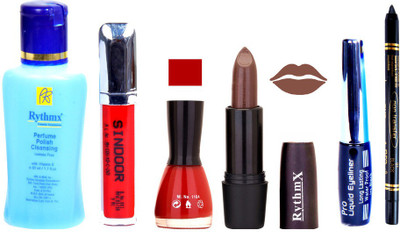 

Rythmx Brown Lipstick Orangy Brown Nail Polish Remover Eye Liner Sindoor Black Kajal Combo Kit 9820(Set of 6)