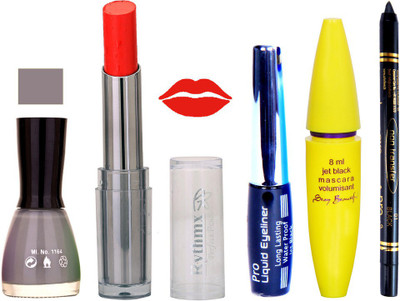 

Rythmx Intense Matte Orange Shade Lipstick, Pink Grey Nail Polish,Black Eyeliner,Mascara, And Stay On Black Kajal 7336(Set of 5)