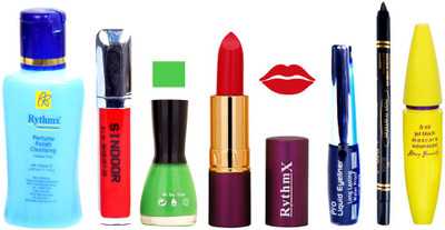 Rythmx Lipstick ,Polish Remover, Sindoor, Nail Polish,EyeLiner,Black Kajal, Mascara, Makeup kit Combo 14118(Set of 7)