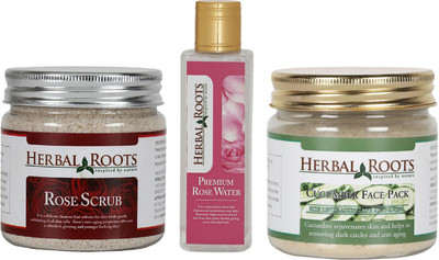 

Herbal Roots Anti-ageing kit with Rose Scrub, Cucumber Face Pack/mask, Premium Rose Water(Set of 3)