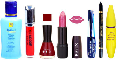 

Rythmx Shimmer Purple Lipstick Dark Red Nail Polish Remover Eye Liner Sindoor Pro Non Transfer Black Kajal Maskara Combo Kit 2823(Set of 7)
