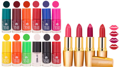 

Aroma Care 12 Piece Vibrant Color Nail Polish Combo Set With 4 Rythm Creamy Matte Lipstick Combo 24(Set of 16)