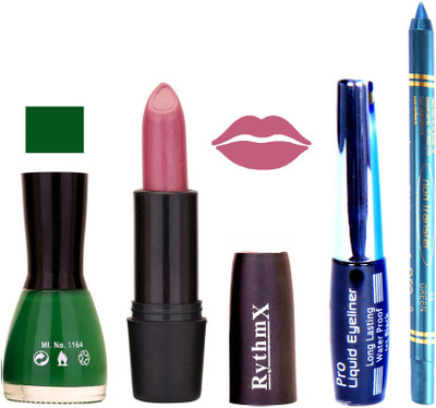 

Rythmx Green Nail Polish Shimmer Purple Lipstick With Eyeliner and Pro Non Transfer Blue Kajal 580151(Set of 4)