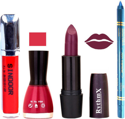 

Rythmx Jamni Lipstick Neon Pink Shade Nail Polish Sindoor and Non Pro Transfer Turquoise Blue Kajal Combo kit 9937(Set of 4)