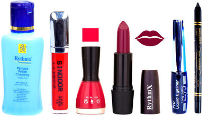 

Rythmx Mauve Lipstick Pink Nail Polish Remover Eye Liner Sindoor Black Kajal Combo Kit 9856(Set of 6)