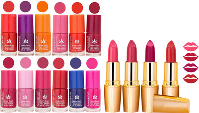 

Aroma Care 12 Piece Vibrant Color Nail Polish Combo Set With 4 Rythm Creamy Matte Lipstick Combo 32(Set of 16)