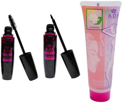 ADS 1625 Waterproof Eyeliner / Mascara / Jasmine Cleansing scrub gel(Set of 3)