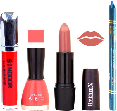 

Rythmx Rich Browny Purple Lipstick Pink Shade Nail Polish Sindoor and Non Pro Transfer Turquoise Blue Kajal Combo kit 9959(Set of 4)