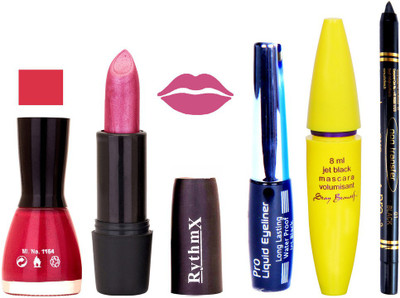 

Rythmx Shimmer Puprle Lipstick Pink Nail Polish With Black EyeLiner Zed Black Kajal and Volumisant Express MasCara QR(Set of 5)