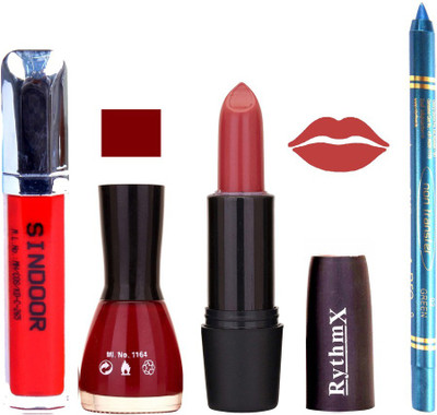 

Rythmx Gajri Lipstick Cherry Red Shade Nail Polish Sindoor and Non Pro Transfer Turquoise Blue Kajal Combo kit 9918(Set of 4)