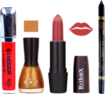 

Rythmx Red Lipstick glitter Gold Nail Polish Non Transfer Black kajal Sindoor 147(Set of 4)