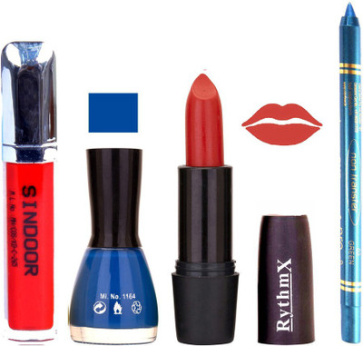 

Rythmx Browny Red Lipstick BLue Shade Nail Polish Sindoor and Non Pro Transfer Turquoise Blue Kajal Combo kit 9906(Set of 4)