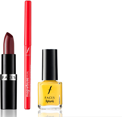 

Faces Go Chic Lipstick Wicked +Magneteyes Kajal+Splash Nail Enamel Aureolin(Set of 3)