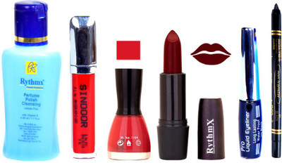 

Rythmx Maroon Lipstick Redish Pink Nail Polish Remover Eye Liner Sindoor Black Kajal Combo Kit 9813(Set of 6)
