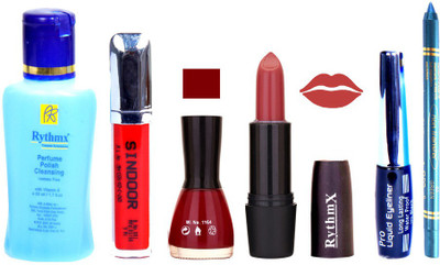 

Rythmx Gajri Shade Lipstick Cherry Red Nail Polish Remover Eye Liner Sindoor Turquoise Blue Kajal Combo Kit 8898(Set of 6)