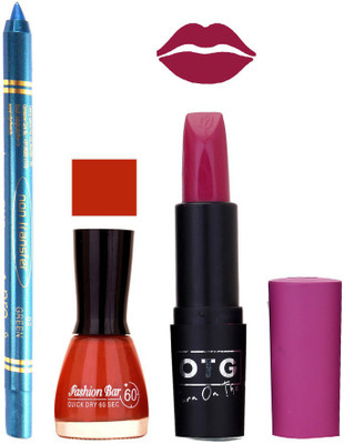 

Fashion Bar Nail Polish , otg Lipstick , Turquoise Blue Kajal Combo77(Set of 3)