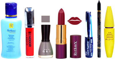 

Rythmx Lipstick ,Polish Remover, Sindoor, Nail Polish,EyeLiner,Black Kajal, Mascara, Makeup kit Combo 14116(Set of 7)