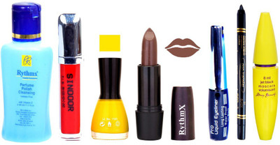 

Rythmx Brown Lipstick Yellow Nail Polish Remover Eye Liner Sindoor Pro Non Transfer Black Kajal Maskara Combo Kit 2803(Set of 7)
