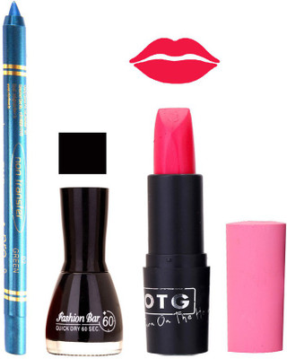 

Fashion Bar Nail Polish , otg Lipstick , Turquoise Blue Kajal Combo42(Set of 3)