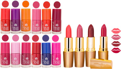 

Aroma Care 12 Piece Vibrant Color Nail Polish Combo Set With 4 Rythm Creamy Matte Lipstick Combo 89(Set of 16)