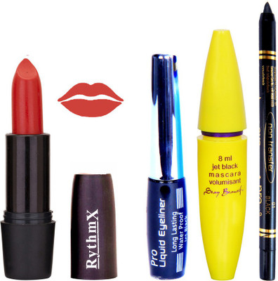 

Rythmx Catch Me Red Lipstick Bold Look Eyeliner Black kajal Magnum Beauty Maskara Kit 1097(Set of 4)