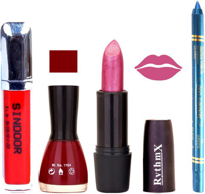 

Rythmx Shimmer Purple Lipstick Maroon Shade Nail Polish Sindoor and Non Pro Transfer Turquoise Blue Kajal Combo kit 9917(Set of 4)