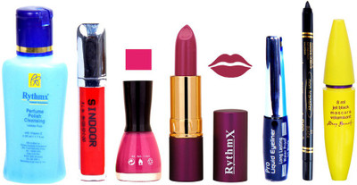 

Rythmx Lipstick ,Polish Remover, Sindoor, Nail Polish,EyeLiner,Black Kajal, Mascara, Makeup kit Combo 14085(Set of 7)