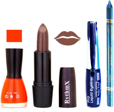 

Rythmx Orange Nail PolishChoclaty Brown Lipstick With Eyeliner and Pro Non Transfer Blue Kajal 58098(Set of 4)