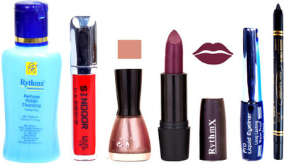 

Rythmx Jamini Lipstick Shimmer Light Pink Nail Polish Remover Eye Liner Sindoor Black Kajal Combo Kit 9837(Set of 6)